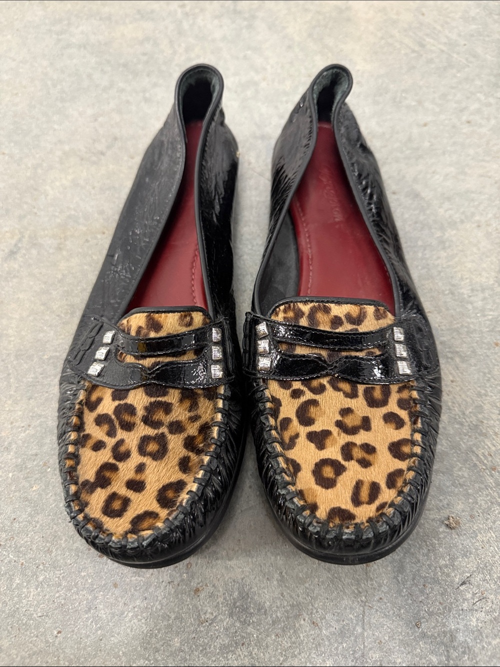 Brighton Vintage Black Patent Leather Loafers with Leopard Print Toe